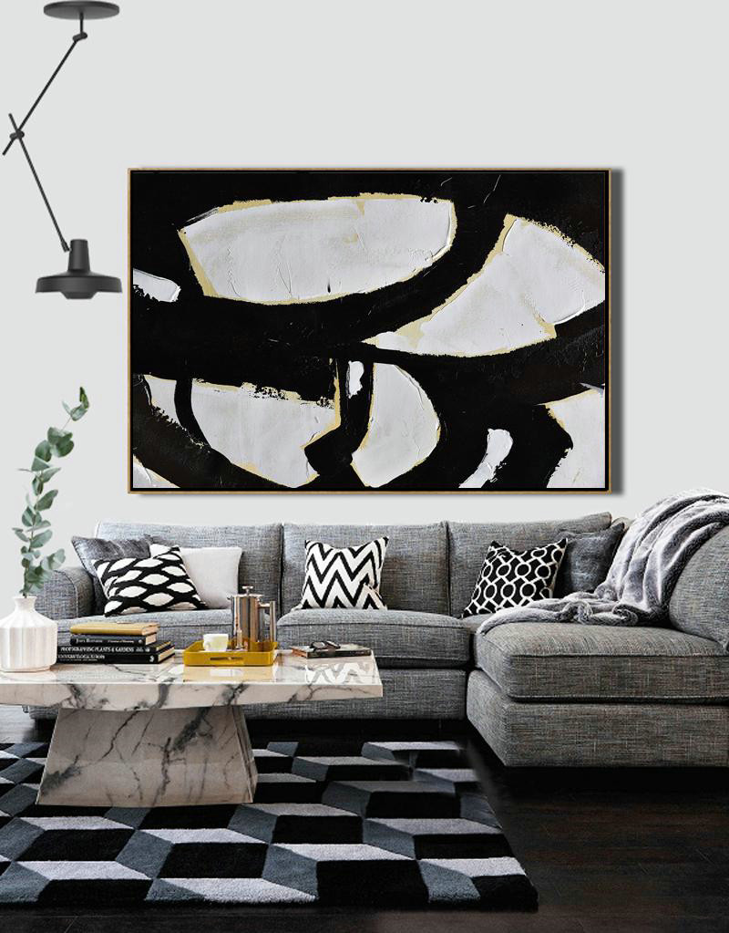Extra Large Artwork,Horizontal Palette Knife Minimal Canvas Art Painting Black White Beige - Hand-Painted Canvas Art